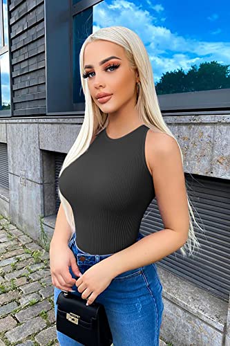 OQQ Women's 3 Piece Bodysuits Sexy Ribbed One Piece Sleeveless Halter Neck Tops Leotard Summer Trendy Black Coffee Beige - Image 3