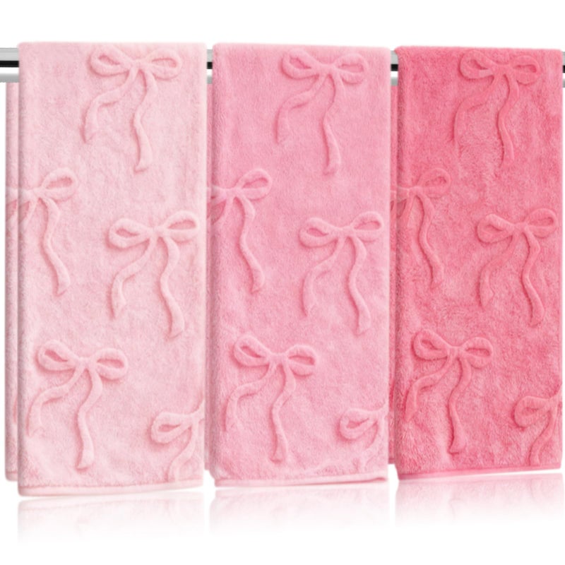Whaline 3Pcs Pink Bow Hand Towel 3D Jacquard Cotton Towel Absorbent Coquette Dish Towels for Home Kitchen Bathroom, 13.8 x 29.5 Inch - Image 1