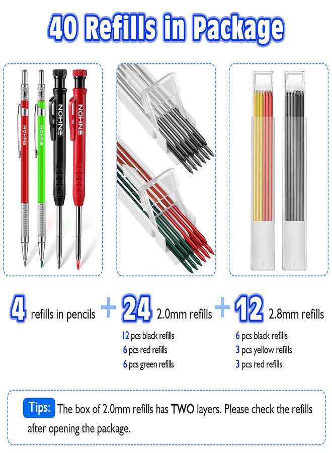Enhon 4 Pack Carpenter Pencil Set with Sharpener, Mechanical Woodworking Pencils with 36 Refills, Deep Hole Marker for Architect/Carpenters/Scriber(Green, Red, Black, Yellow) - Image 2