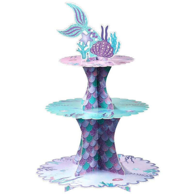 Patelai 3 Tier Mermaid Cupcake Stand Birthday Party Decorations Mermaid Theme Cake Holder Under The Sea Cake Stand Tail Toppers for Girls Underwater Ocean Baby Shower Birthday Party Supplies - Image 1