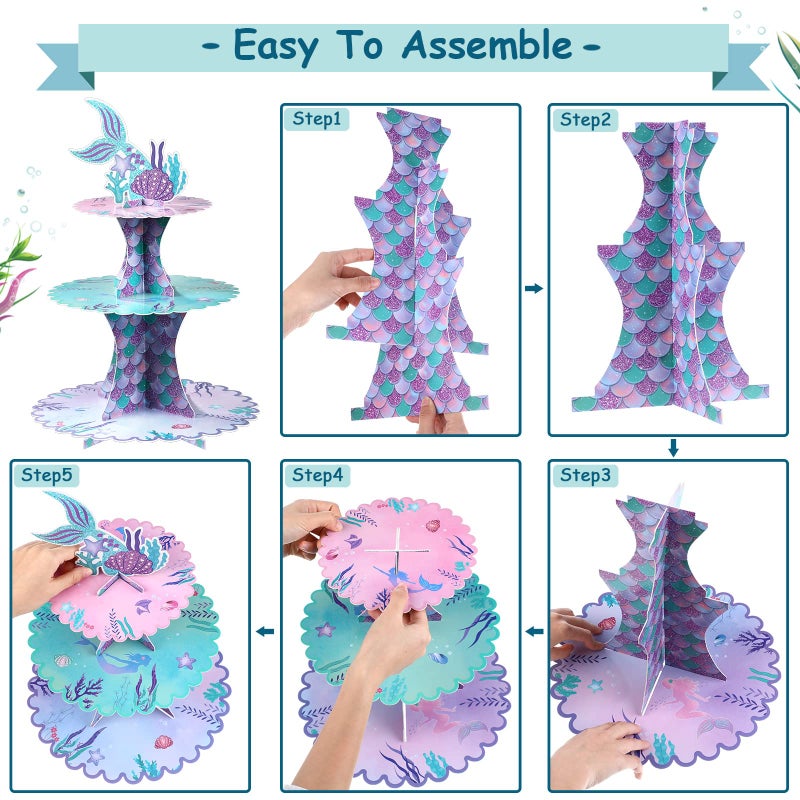 Patelai 3 Tier Mermaid Cupcake Stand Birthday Party Decorations Mermaid Theme Cake Holder Under The Sea Cake Stand Tail Toppers for Girls Underwater Ocean Baby Shower Birthday Party Supplies - Image 3