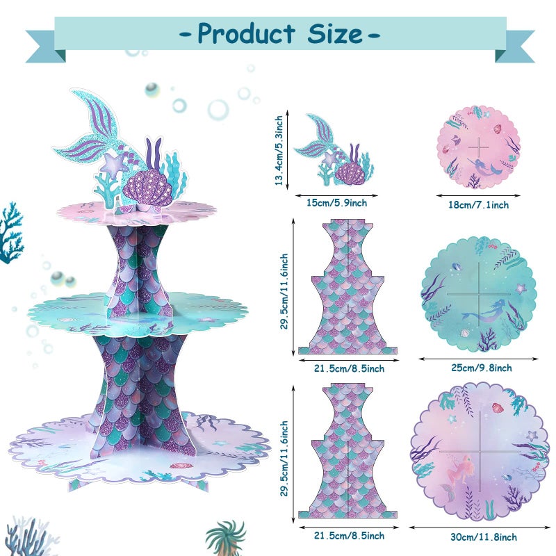 Patelai 3 Tier Mermaid Cupcake Stand Birthday Party Decorations Mermaid Theme Cake Holder Under The Sea Cake Stand Tail Toppers for Girls Underwater Ocean Baby Shower Birthday Party Supplies - Image 2