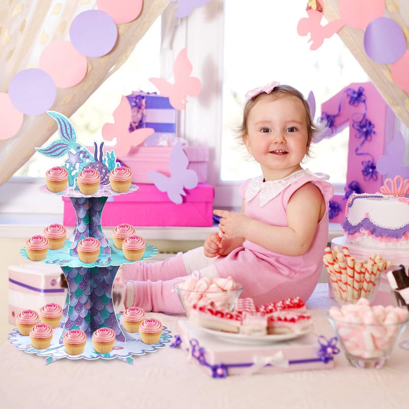 Patelai 3 Tier Mermaid Cupcake Stand Birthday Party Decorations Mermaid Theme Cake Holder Under The Sea Cake Stand Tail Toppers for Girls Underwater Ocean Baby Shower Birthday Party Supplies - Image 5
