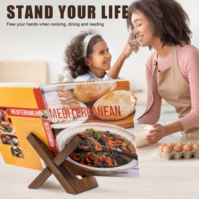 PUERSI Cookbook Stand for Kitchen, Recipe Book Holder for Kitchen Counter, Wooden Cookbook Holder, Rustic Cook Book Holder Stand - Rustic Brown - Image 2