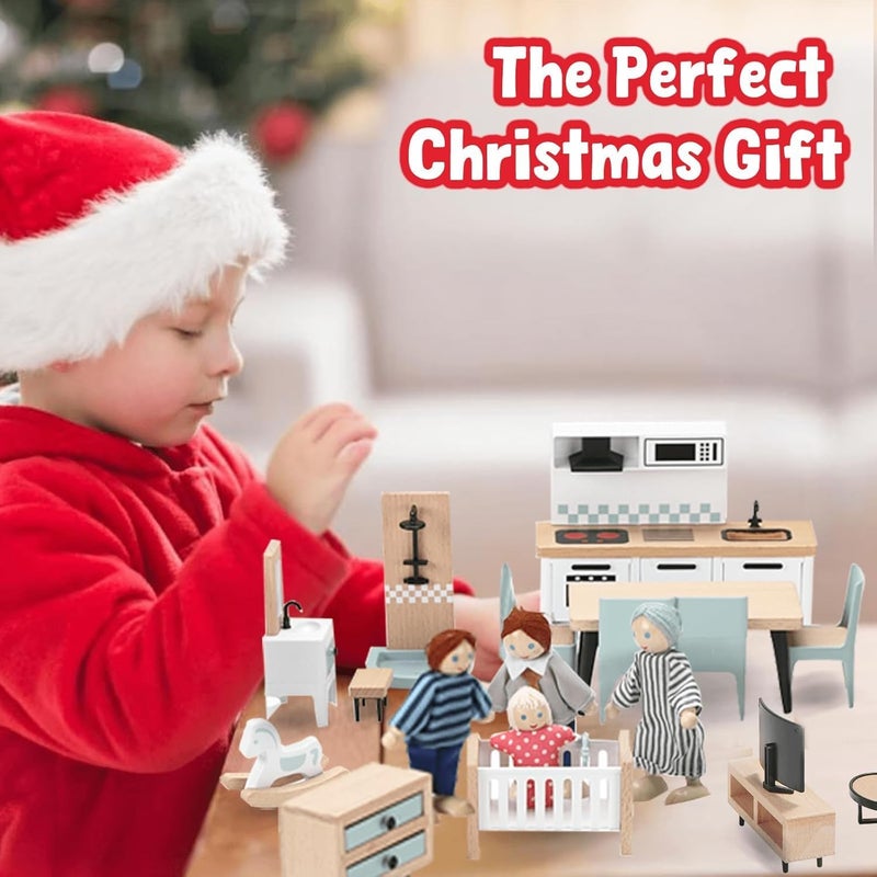Giant bean 36pcs Wooden Dollhouse Furniture Set 5 Rooms with 4 Family Dolls, Wood and Plastic Blue Dollhouse Accessories, Pretend Play Furniture Toys Christmas Birthday Gift for Boys Girls & Kids Toddlers 3Y+ - Image 2