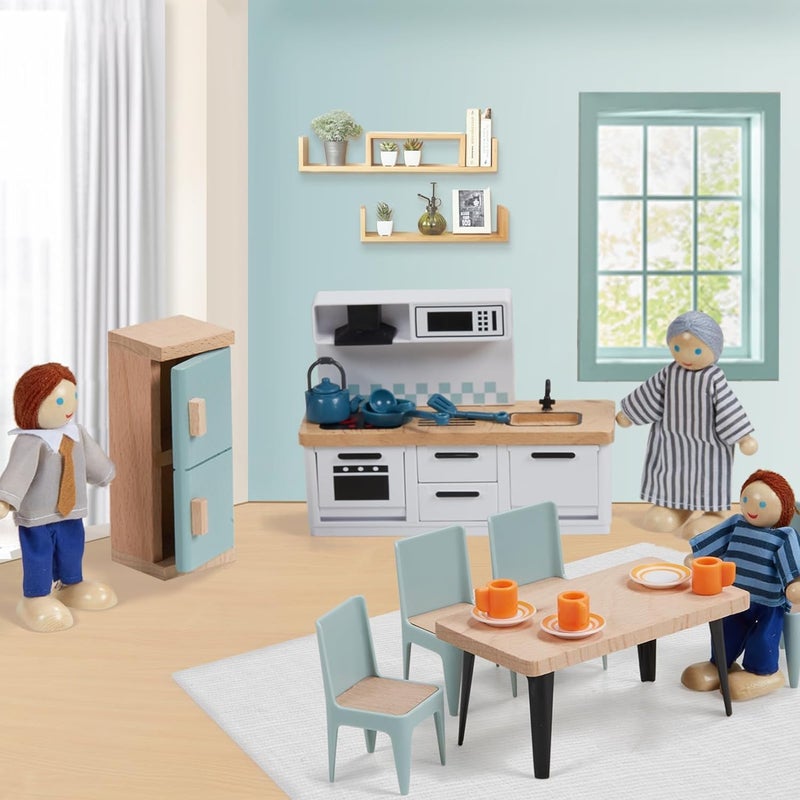 Giant bean 36pcs Wooden Dollhouse Furniture Set 5 Rooms with 4 Family Dolls, Wood and Plastic Blue Dollhouse Accessories, Pretend Play Furniture Toys Christmas Birthday Gift for Boys Girls & Kids Toddlers 3Y+ - Image 4
