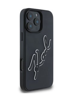 كارل لاغرفيلد جراب iPhone 16 Pro Max مع شعار مطاطي ثلاثي الأبعاد من مادة البولي يوريثان / حماية من السقوط / تصميم نحيف / غطاء خلفي خفيف الوزن - أسود  - Image 3