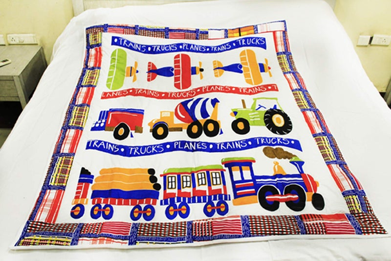 COT PRINTS Cotton Kids Bed- Soft and Light Weight Comforter/Quilt - Ecofriendly Handprint Design Train (Large, 50 x 60, Multicolour)