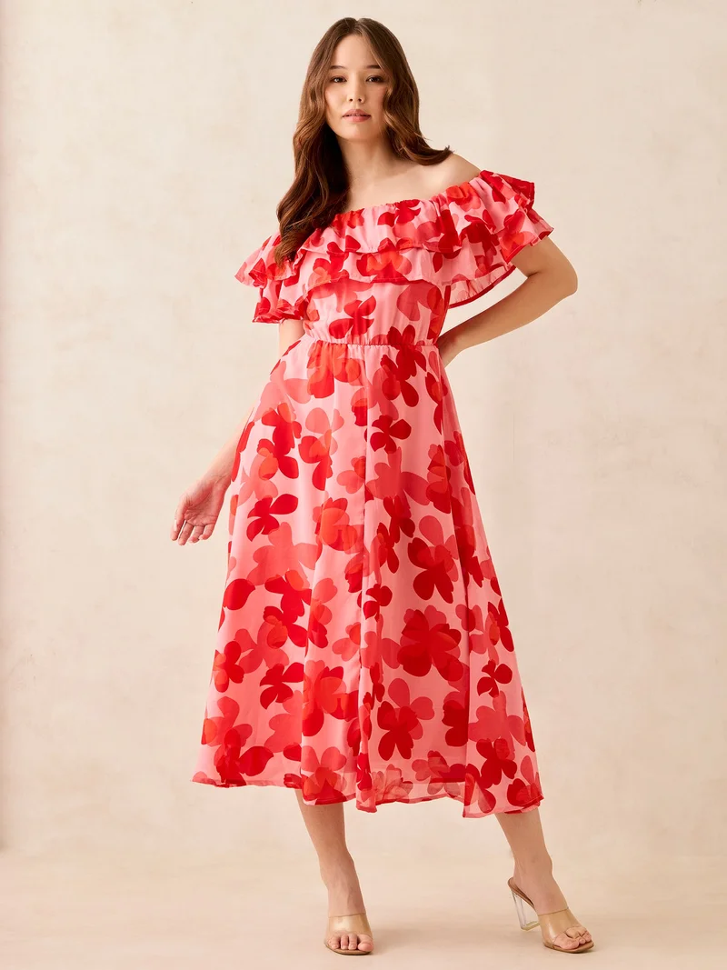 OUTZIDR Red Off Shoulder Midi Dress