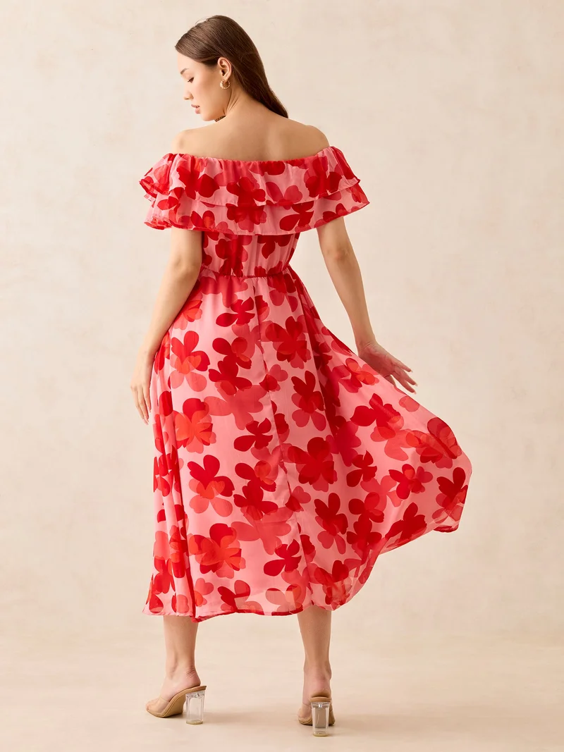 OUTZIDR Red Off Shoulder Midi Dress