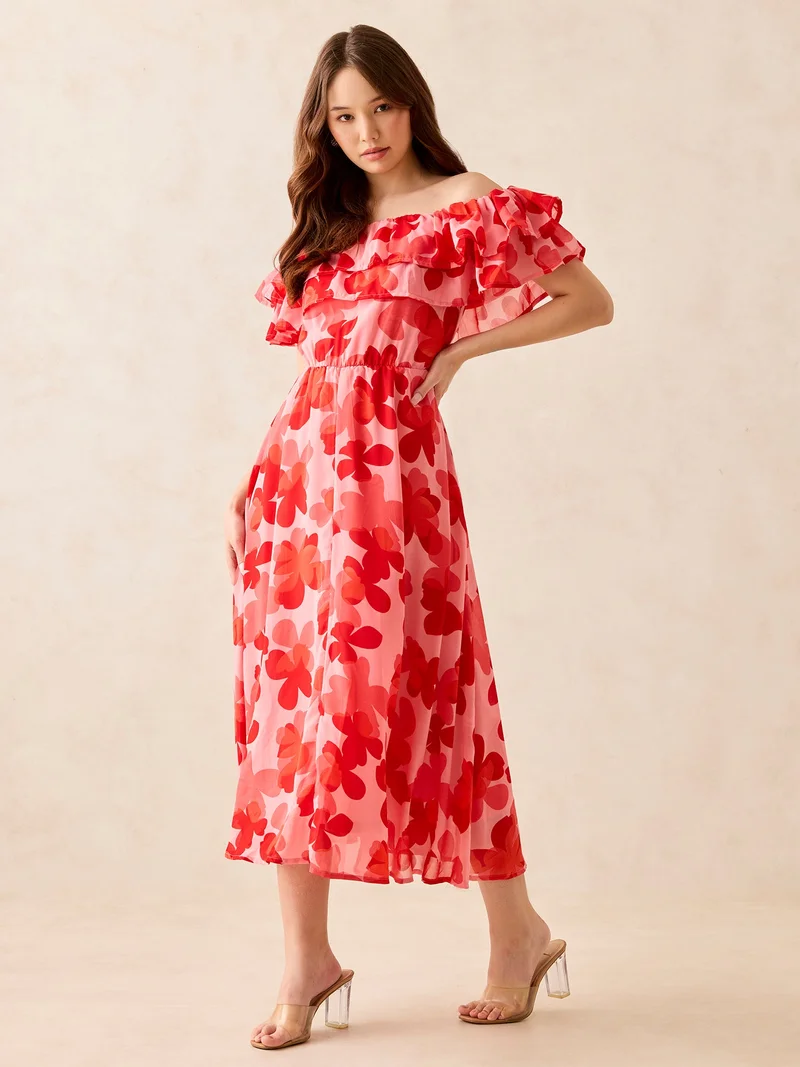 Outzidr  Red Off Shoulder Midi Dress for Women | Best Price UAE