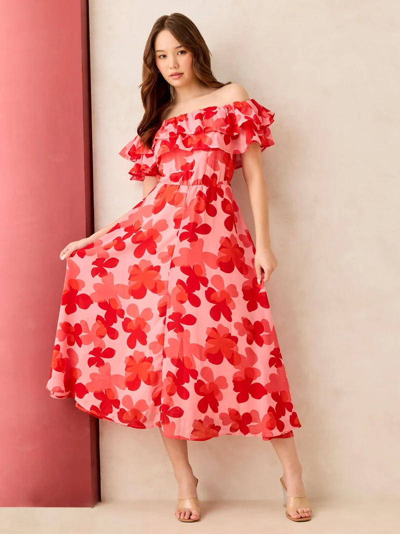 Outzidr  Red Off Shoulder Midi Dress for Women | Best Price UAE