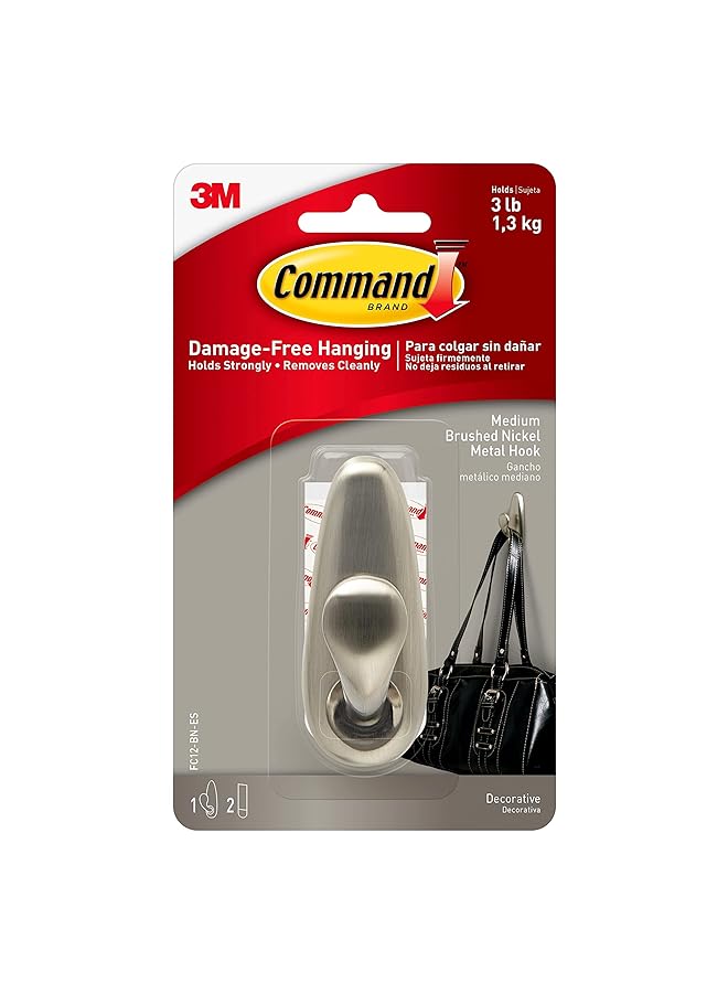 Command Classic Nickel Medium Hook Holds 1.3 Kg Each Hook Silver Color Organize Decoration No Tools Holds Strongly Damage Free Hanging 1 Hook And 2 Strips/Pack - Image 1