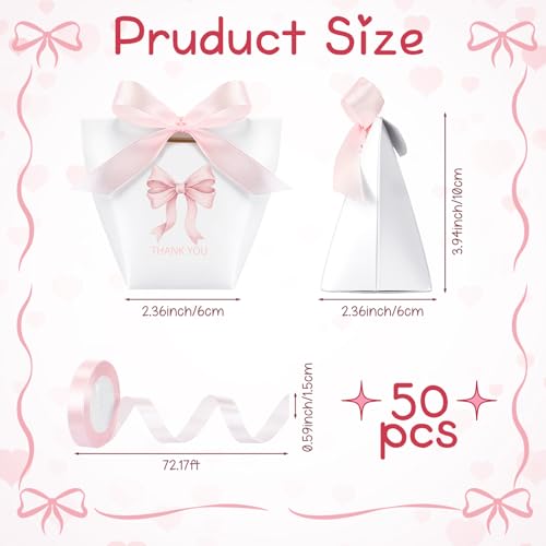 Equsion 50 Pcs Small Bow Paper Gift Bags with Ribbon 236 x 236 x 394 Inches Mini Coquette Bow Thank You Candy Treat Bags for Wedding Birthday Baby Shower Valentines Day Party SuppliesPink White - Image 3