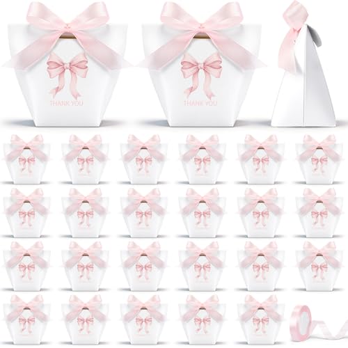 Equsion 50 Pcs Small Bow Paper Gift Bags with Ribbon 236 x 236 x 394 Inches Mini Coquette Bow Thank You Candy Treat Bags for Wedding Birthday Baby Shower Valentines Day Party SuppliesPink White - Image 1