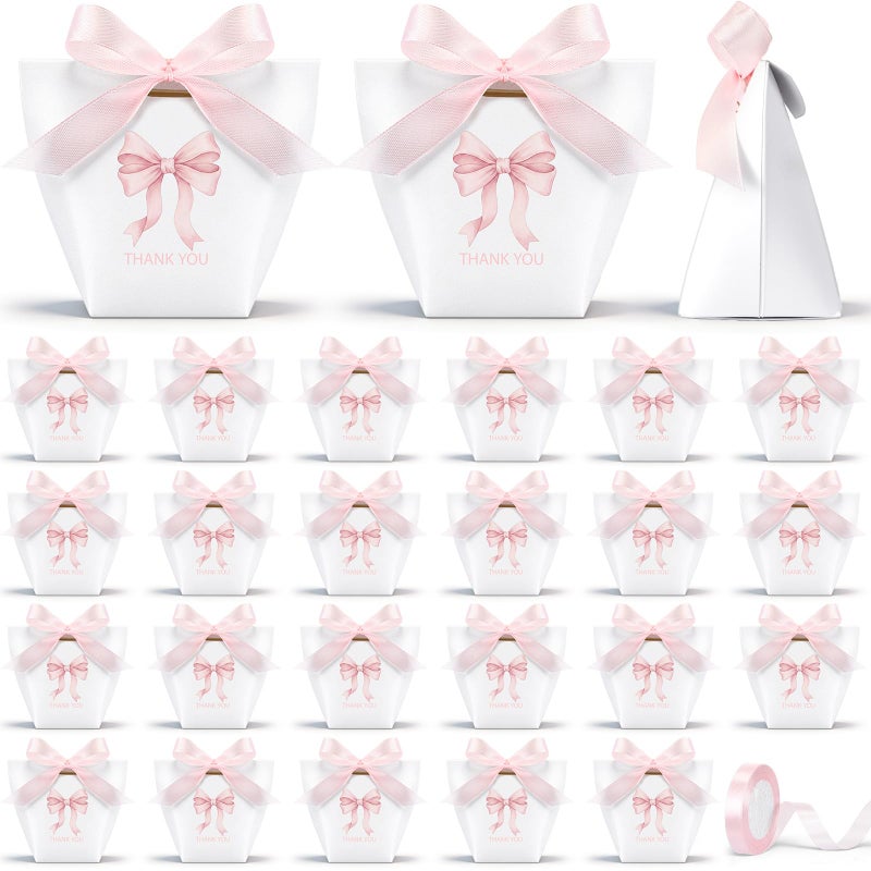 Equsion 50 Pcs Small Bow Paper Gift Bags with Ribbon 236 x 236 x 394 Inches Mini Coquette Bow Thank You Candy Treat Bags for Wedding Birthday Baby Shower Valentines Day Party SuppliesPink White - Image 2