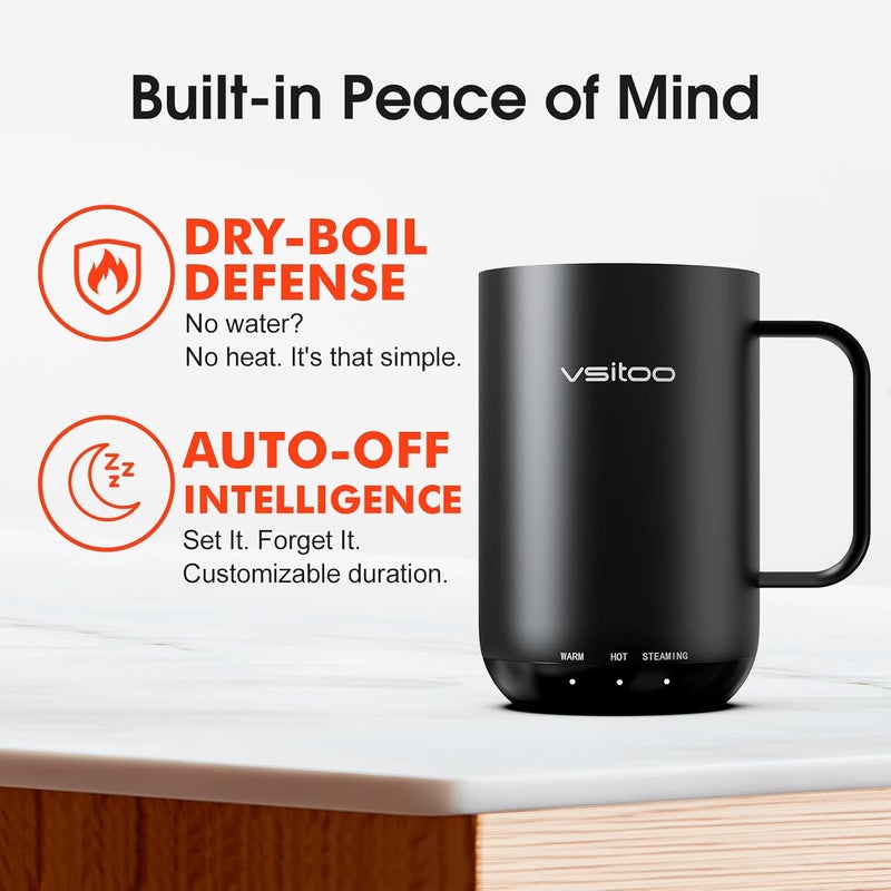 vsitoo S3 Ultra 20oz Self Heating Coffee Mug with Auto-Sensing AI, Large Capacity Rechargeable Smart Mug Warmer 120-150℉, IPX7 Waterproof, Home Office Gift for Women Men - Black - Image 5