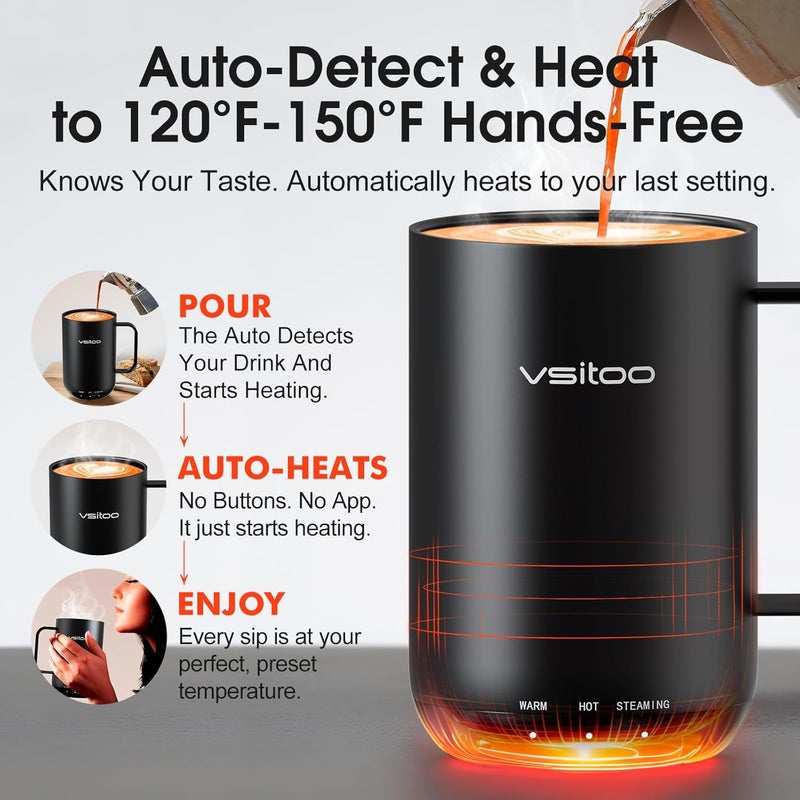 vsitoo S3 Ultra 20oz Self Heating Coffee Mug with Auto-Sensing AI, Large Capacity Rechargeable Smart Mug Warmer 120-150℉, IPX7 Waterproof, Home Office Gift for Women Men - Black - Image 2