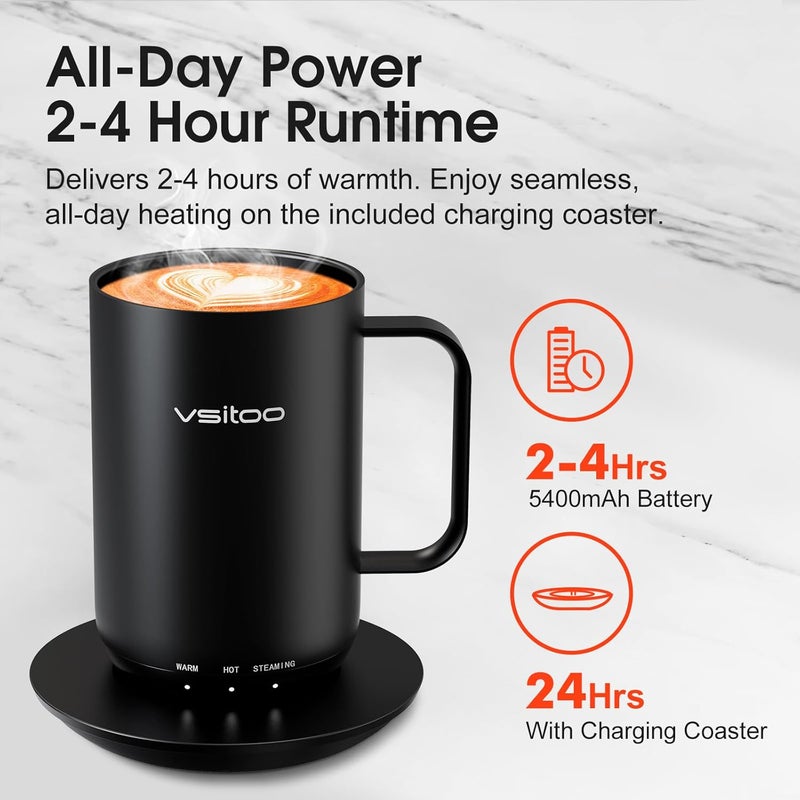 vsitoo S3 Ultra 20oz Self Heating Coffee Mug with Auto-Sensing AI, Large Capacity Rechargeable Smart Mug Warmer 120-150℉, IPX7 Waterproof, Home Office Gift for Women Men - Black - Image 3