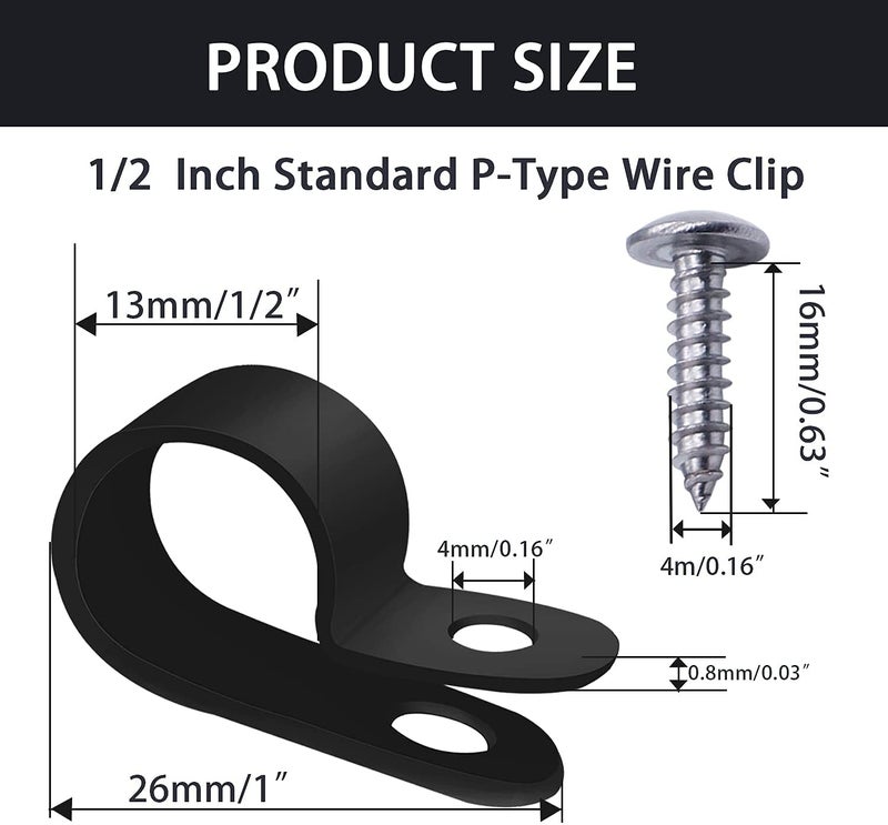 mankk 50PCS 1/2 Inch Rope Light Clips P-Style Mounting Clips Plastic Cable Clamps with Compatible Stainless Steel Pan Head Phillips Screws for Wire Management M-030-BK-LS - Image 2