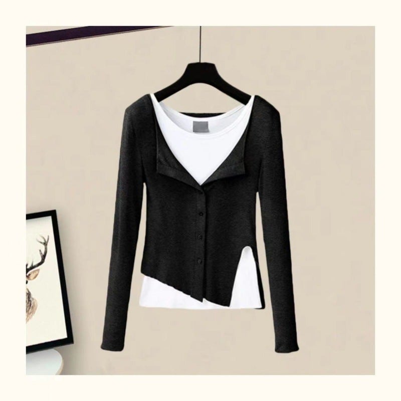 Early autumn three-piece womens top bottoming shirt with split pants casual pants suit 2023 New lazy style Black coat one-piece 668