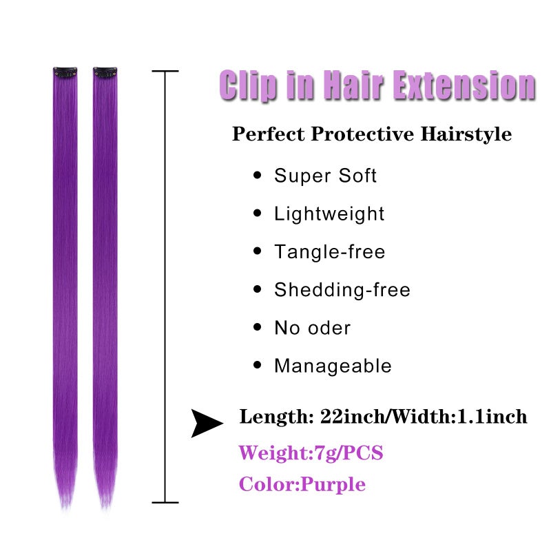 YISIKUNNUO 12PCS Colored Purple Hair Extensions 22 Inch Colorful Clip in Hair Extensions Straight Synthetic Hairpiece for Women Kids Girls Halloween Christmas Cosplay(22inch,Purple) - Image 4