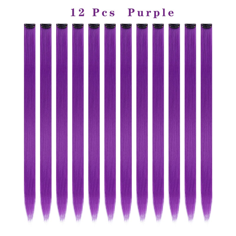 YISIKUNNUO 12PCS Colored Purple Hair Extensions 22 Inch Colorful Clip in Hair Extensions Straight Synthetic Hairpiece for Women Kids Girls Halloween Christmas Cosplay(22inch,Purple) - Image 3