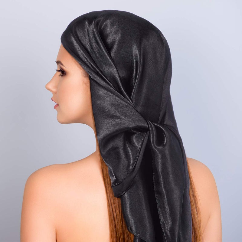 SATINIOR 35 Inch Silk Head Scarf 2 Pcs Large Square Neck Scarf Sleeping Hair Wrapping Black Satin Bandana for Women - Image 4