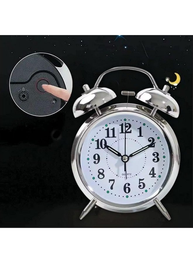 AERYS Retro Twin Bell Table Clock, Metal Frame Alarm Clock with Night Backlight, Silent Movement, High Volume Bedside Alarm for Bedroom, Office, Home Decor (Silver Clock) - Image 4