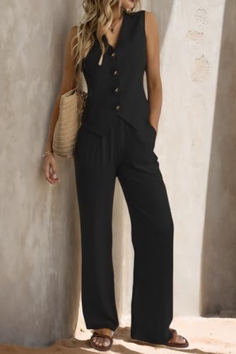 heipeiwa أطقم نسائية من قطعتين سترة من الكتان بدلة كاجوال أنيقة بنطلونات واسعة الساق سوداء - Image 4