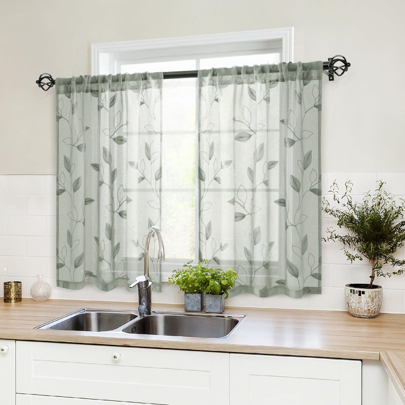 HOMEIDEAS Sage Green Sheer Kitchen Curtains 30 X 36 Inch Length 2 Panels Embroidered Leaf Pattern Short Curtains for Small Window Valance Tiers - Image 1