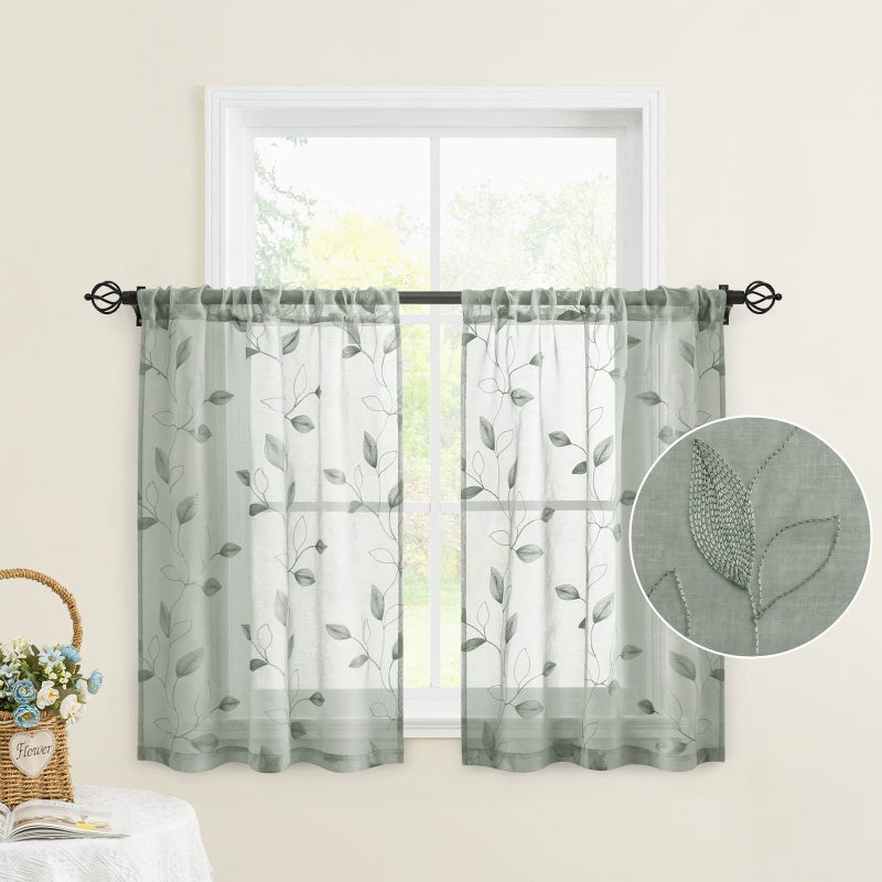 HOMEIDEAS Sage Green Sheer Kitchen Curtains 30 X 36 Inch Length 2 Panels Embroidered Leaf Pattern Short Curtains for Small Window Valance Tiers - Image 2