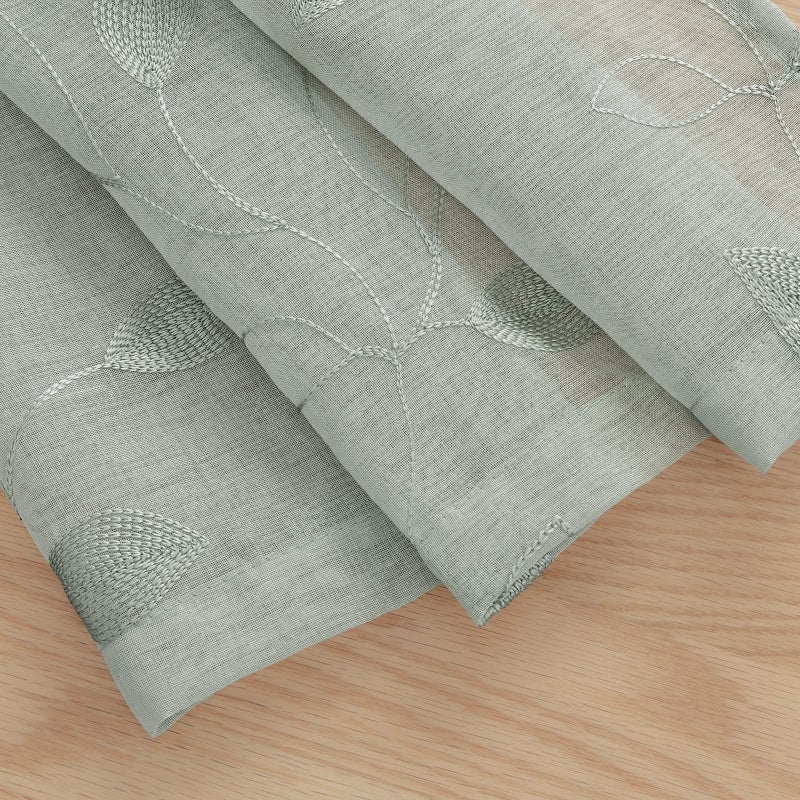 HOMEIDEAS Sage Green Sheer Kitchen Curtains 30 X 36 Inch Length 2 Panels Embroidered Leaf Pattern Short Curtains for Small Window Valance Tiers - Image 4