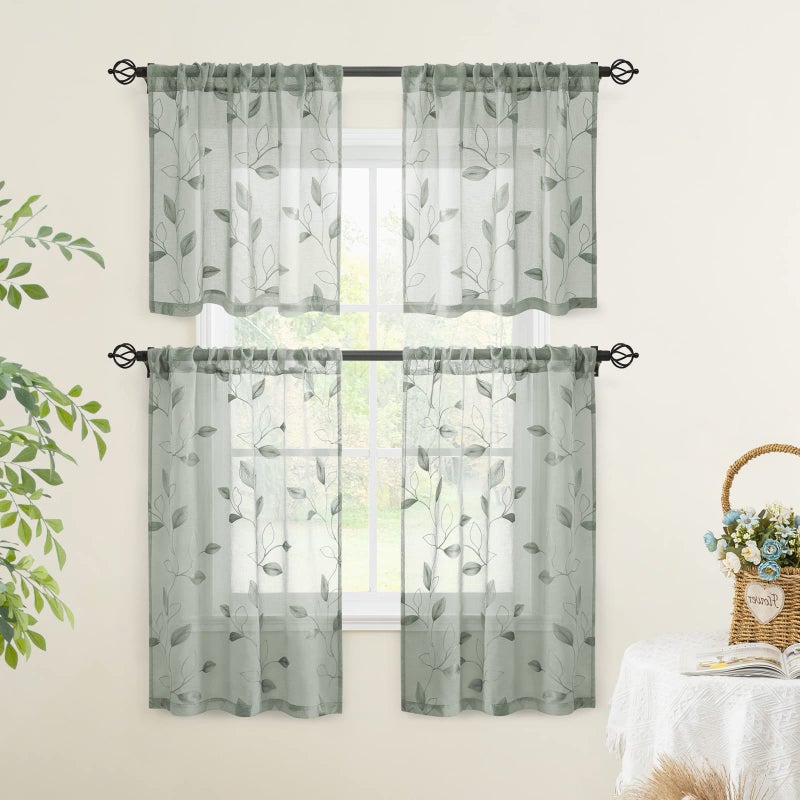 HOMEIDEAS Sage Green Sheer Kitchen Curtains 30 X 36 Inch Length 2 Panels Embroidered Leaf Pattern Short Curtains for Small Window Valance Tiers - Image 5