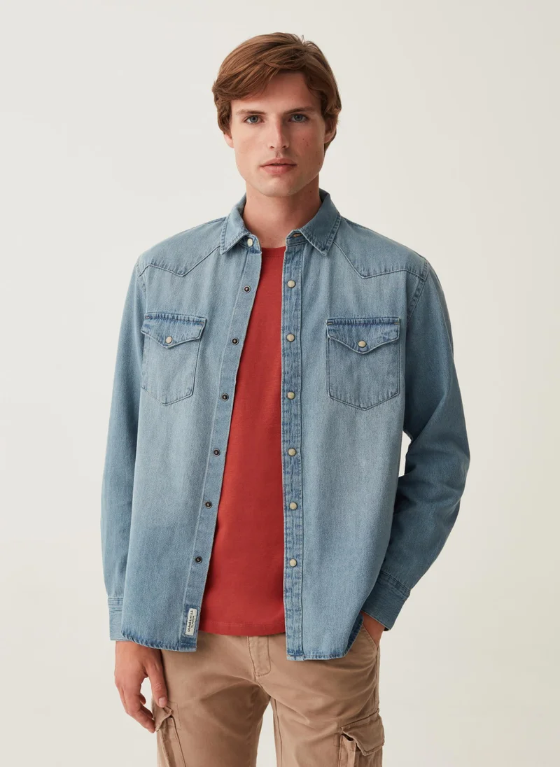 Ovs Western shirt in denim with pearl buttons