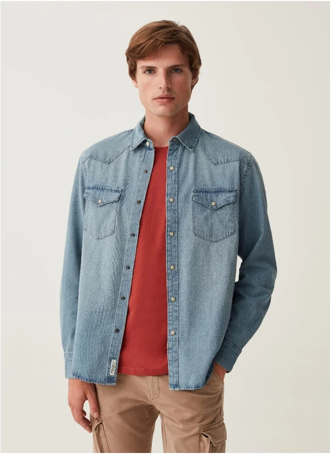 Ovs Western shirt in denim with pearl buttons