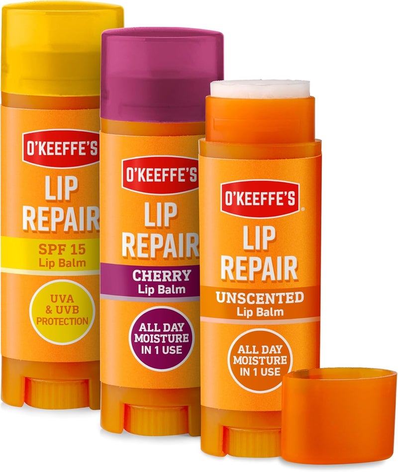 OKeeffes Lip Repair Triple Pack Contains Lip Repair Unscented Lip Repair SPF and Lip Repair Cherry 3 x 42g For Extremely Dry Cracked Lips AllDay Moisture with 7 Moisturising Ingredients