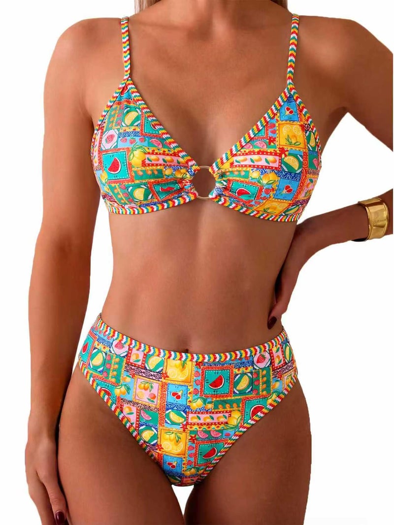 Tainehs Women's Two Piece Bikini Sets O Ring Front Top Ditsy Floral Triangle Swimsuits Cheeky Bathing Suit - Image 1