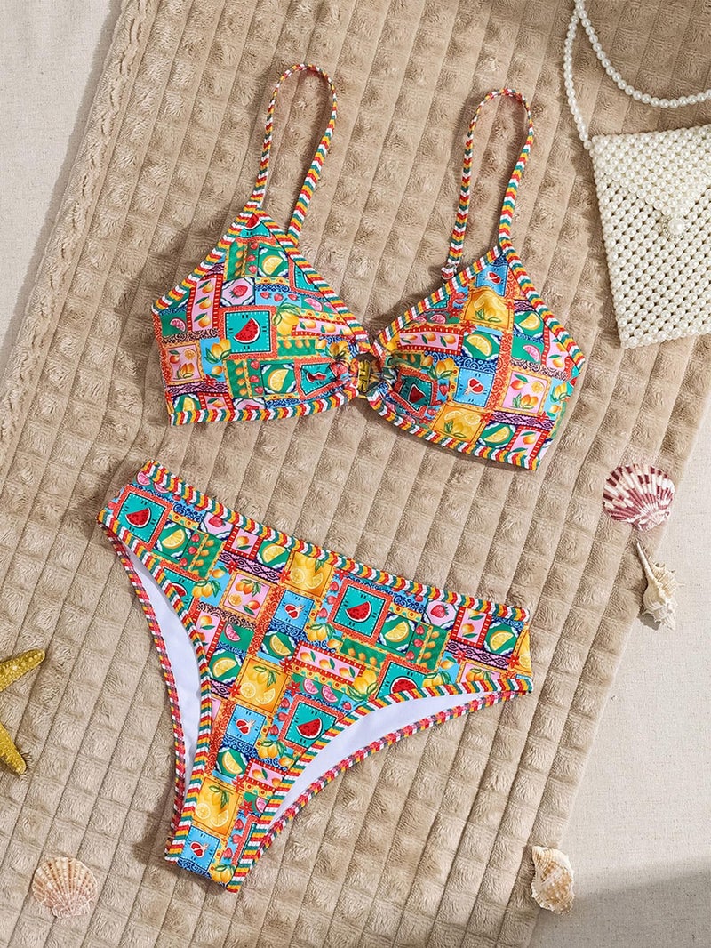 Tainehs Women's Two Piece Bikini Sets O Ring Front Top Ditsy Floral Triangle Swimsuits Cheeky Bathing Suit - Image 4
