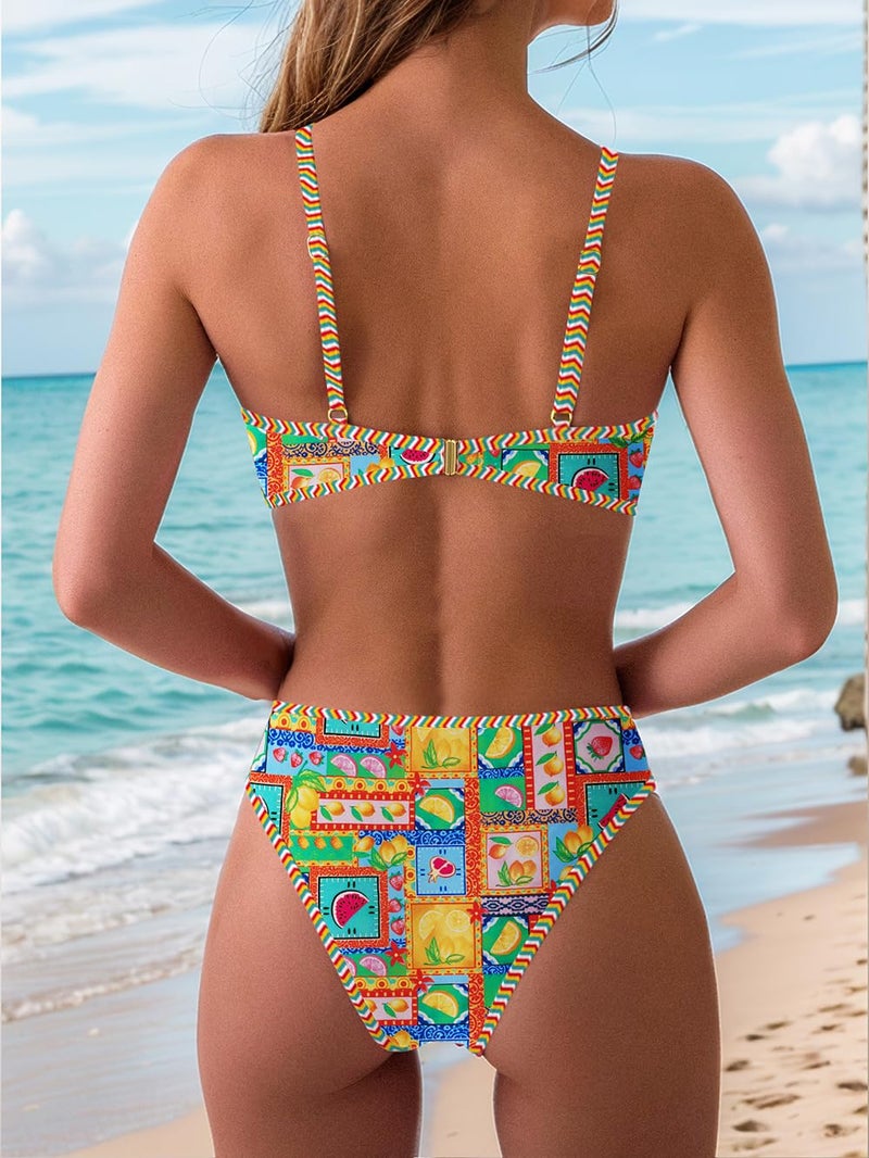 Tainehs Women's Two Piece Bikini Sets O Ring Front Top Ditsy Floral Triangle Swimsuits Cheeky Bathing Suit - Image 3