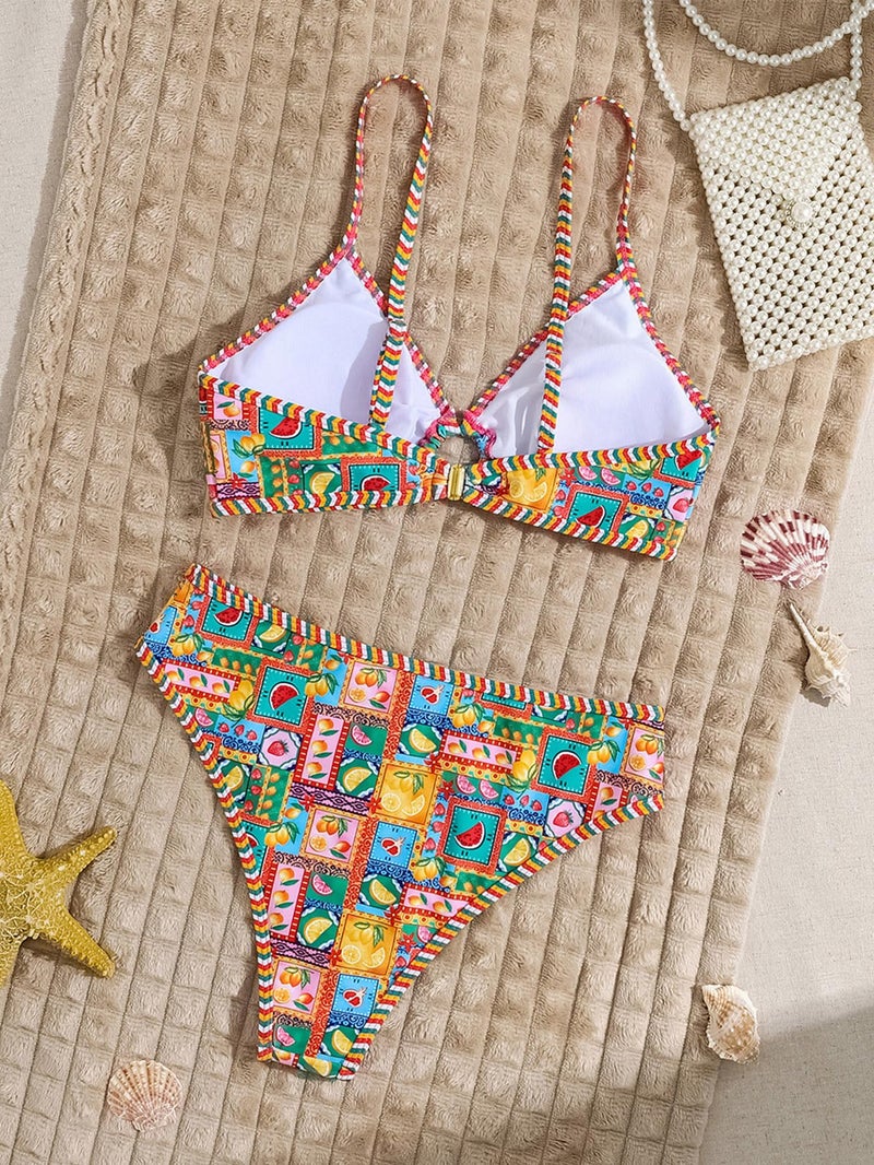 Tainehs Women's Two Piece Bikini Sets O Ring Front Top Ditsy Floral Triangle Swimsuits Cheeky Bathing Suit - Image 5