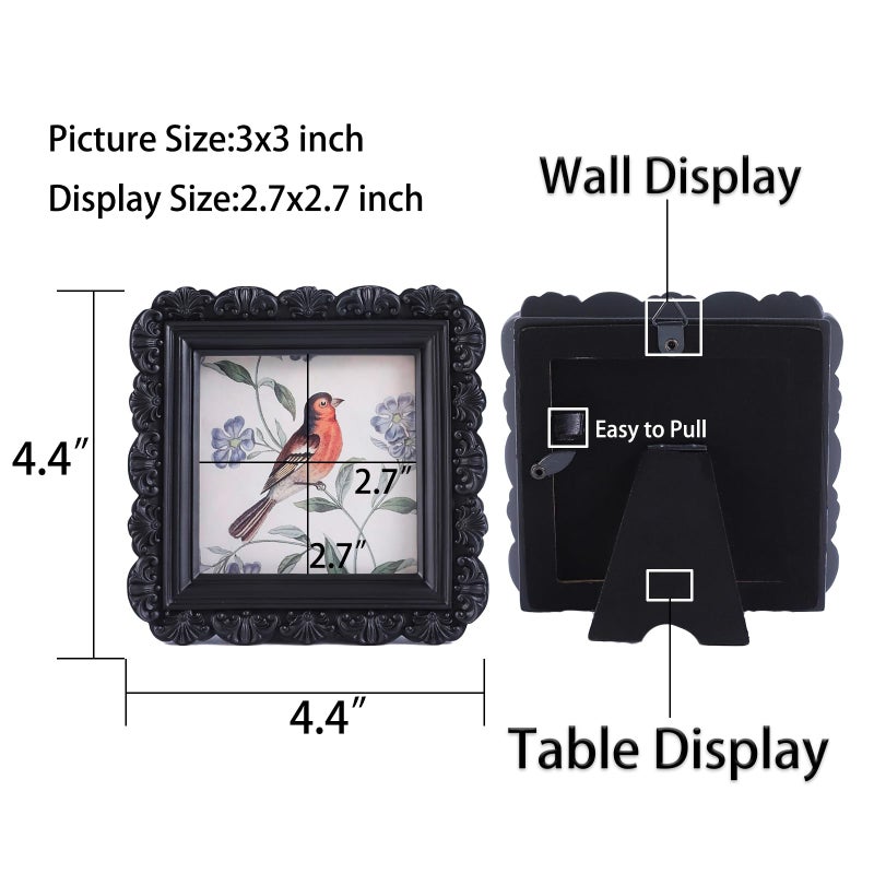 LIHOLO Vintage Picture Frames 3x3 Antique Frames Mini Pictures Frames Bird Picture Frames Ornate Gallery Wall Frames  in Black Square - Image 2