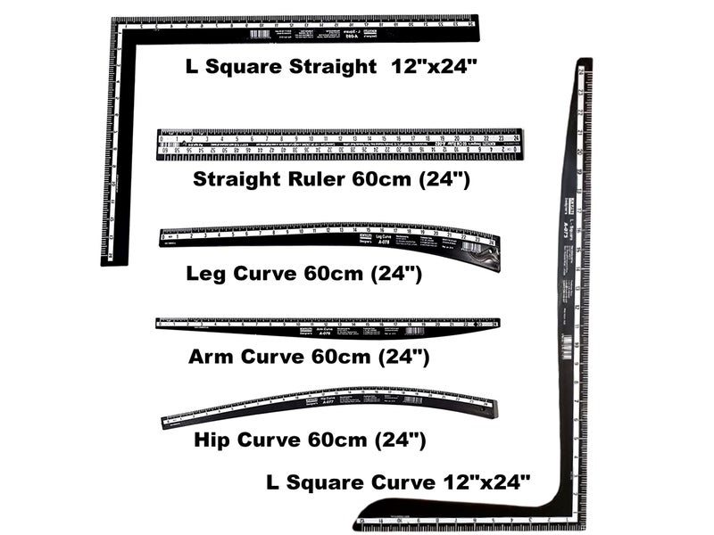 KHYATI Hard Plastic Scales Set - Complete Fashion Designing Tailoring - L Square, Curve, Straight, Hip, Arm, Leg Curve & Straight Ruler - 60cm - Image 2