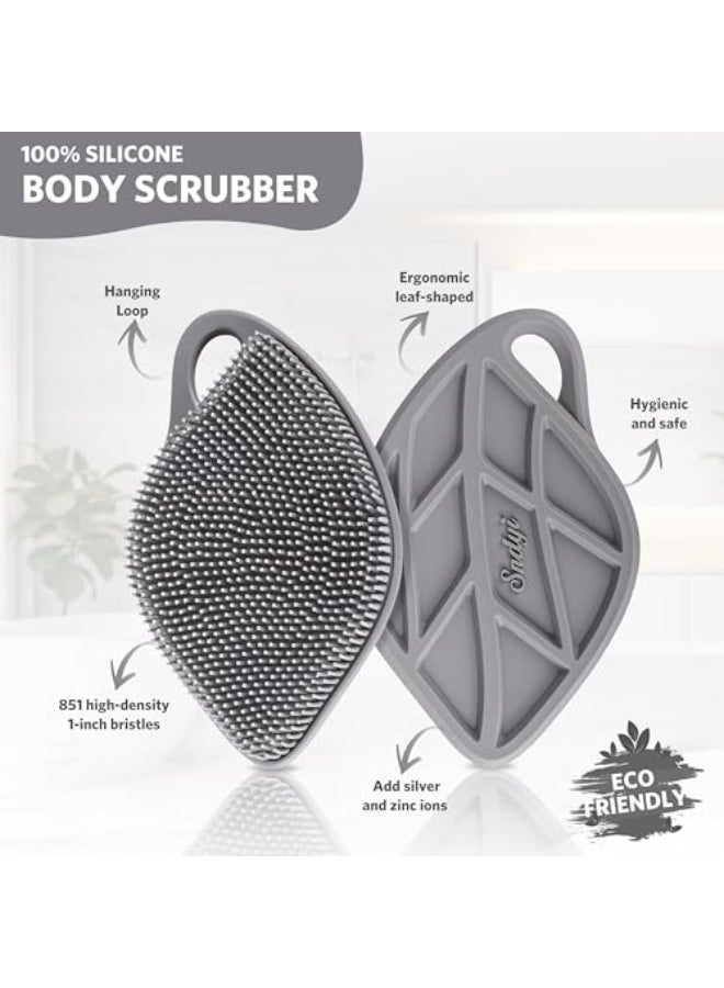 Sndyi Silicone Body Scrubber Gentle Exfoliating Body Scrubber for Sensitive Skin Leaf Shaped Shower Scrubber for Body with Lathering Bristles Silicone Loofah Body Brush for Showering Gray - Image 3