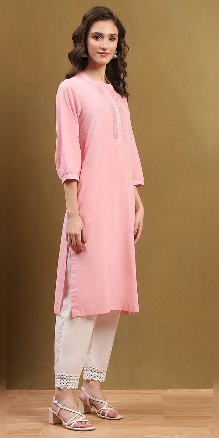 Biba  Women Blush Pink Cotton Solid Regular Fit Straight Kurta  | Best Price UAE