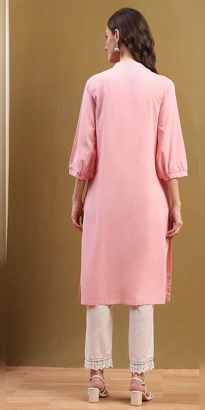 Biba  Women Blush Pink Cotton Solid Regular Fit Straight Kurta  | Best Price UAE
