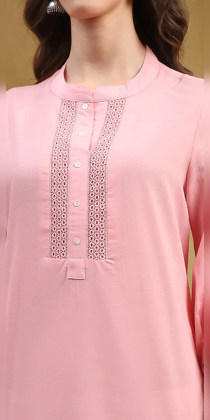 Biba  Women Blush Pink Cotton Solid Regular Fit Straight Kurta  | Best Price UAE