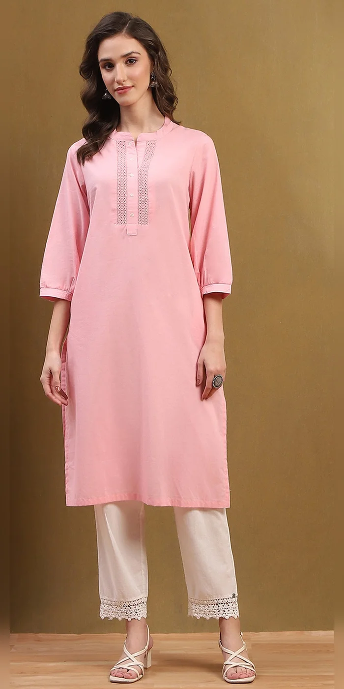Biba  Women Blush Pink Cotton Solid Regular Fit Straight Kurta  | Best Price UAE