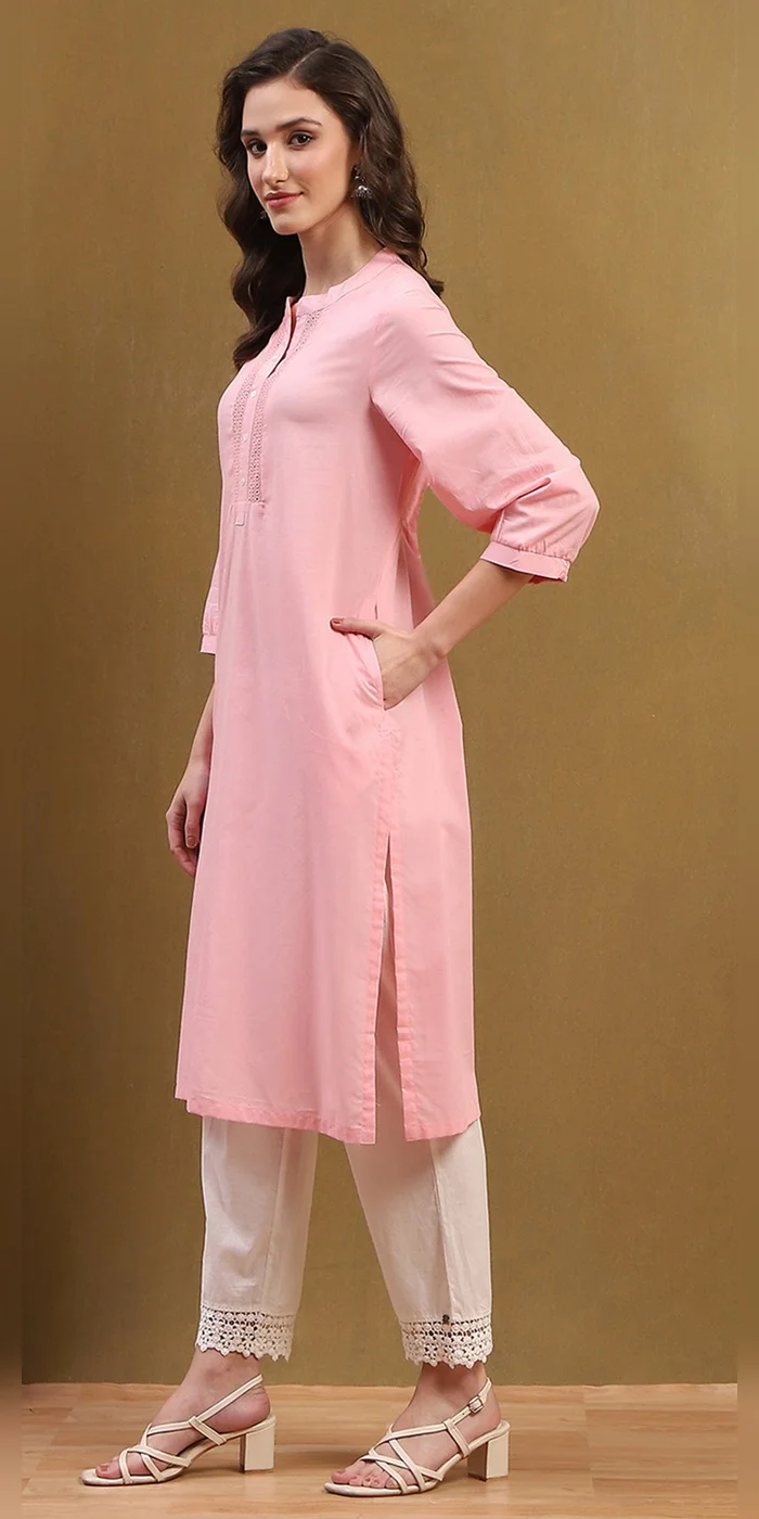 Biba  Women Blush Pink Cotton Solid Regular Fit Straight Kurta  | Best Price UAE