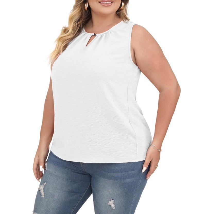 OLRIK Womens Plus Size Tank Top Loose Fit Sleeveless Blouse Summer White-2X - Image 2